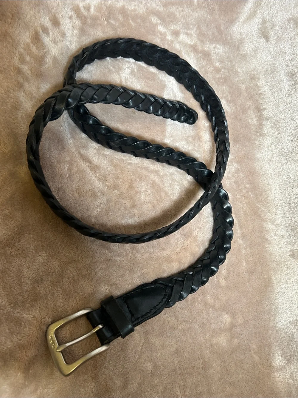 Polo Ralph Lauren Black Leather Braided Brass Buckle Pony Logo Belt 38 Preppy